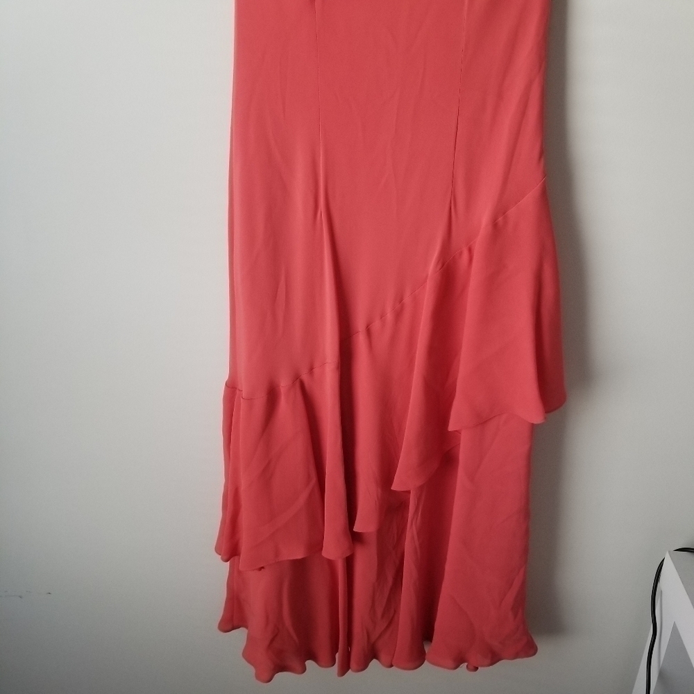 Talbots Pure Silk Coral Maxi Dress Asymmetrical Ruffle Hem Size 8 - Picture 13 of 13